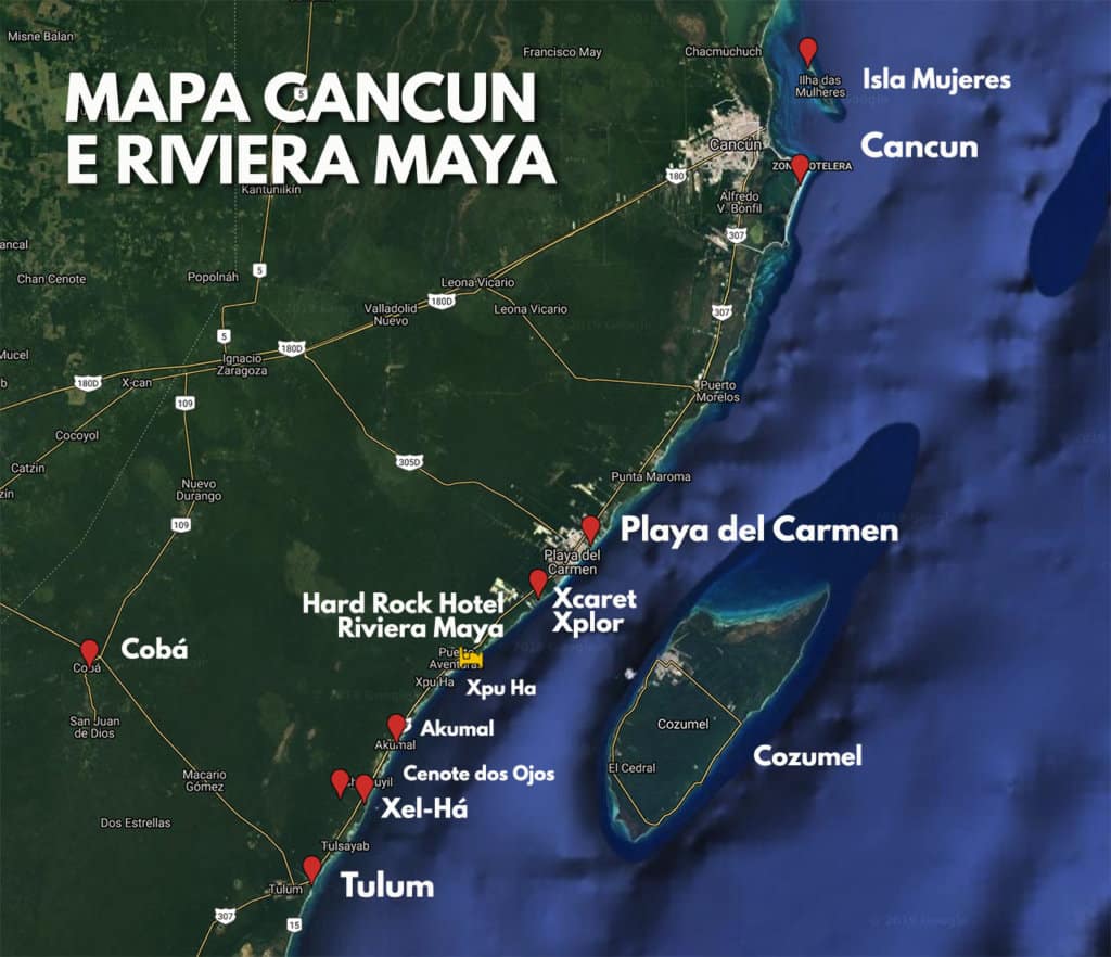 Mapa Cancun, Riviera Maya e Principais Pontos Turísticos